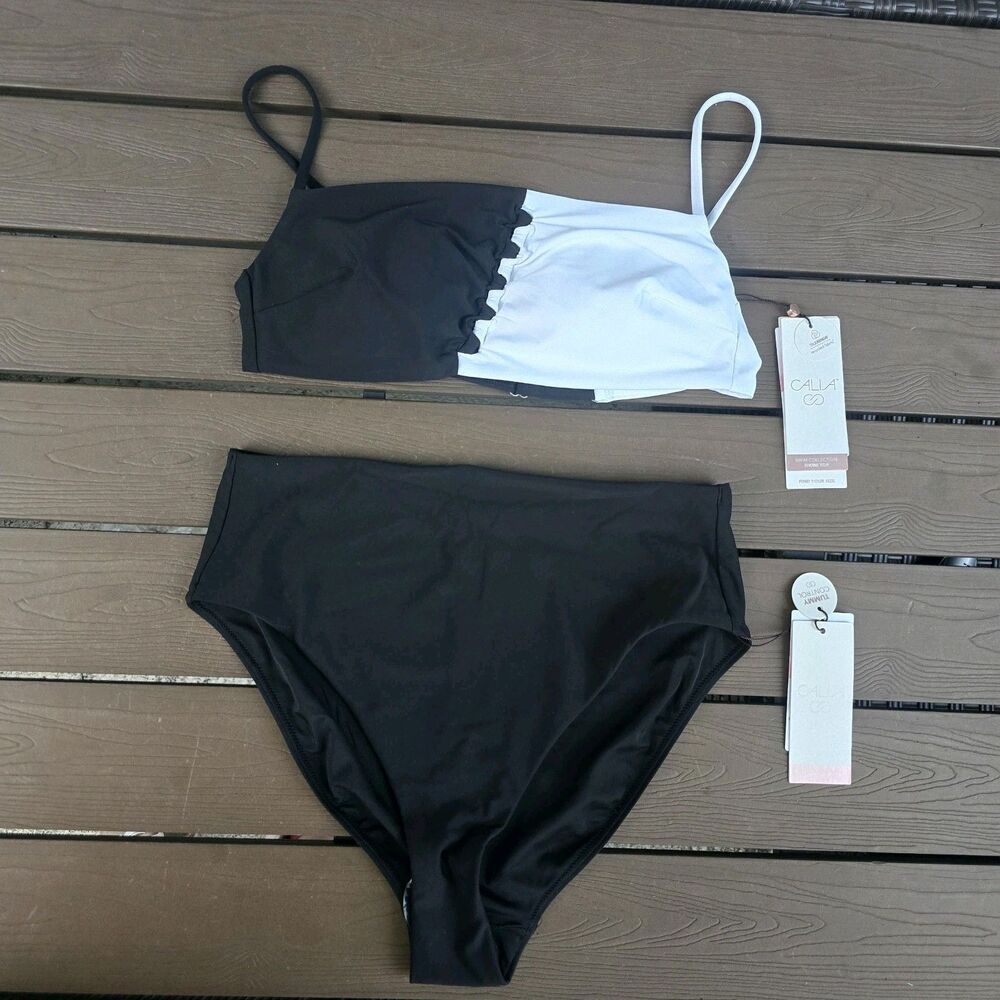 CALIA Women Pure White Looped Front Bikini Top & Hi Rise Cheeky Bikini Sz M New